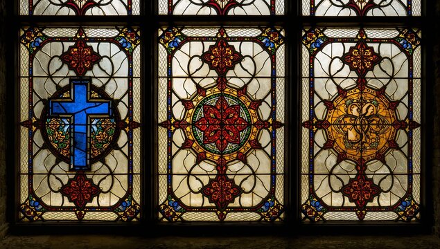 Three stained glass panels decorating church interior, with lead cames and medallions