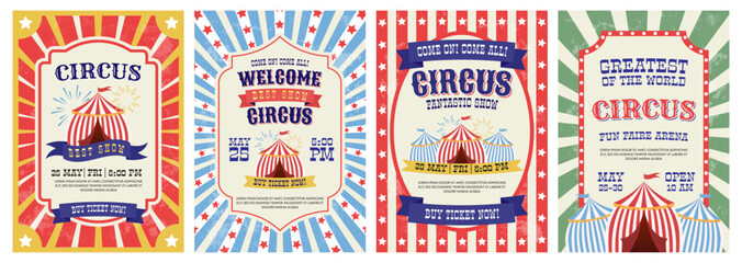 welcome circus, retro invitation poster set. vintage festival background with tent, pattern. invite banner of carnival show. vector illustration © yatsan lee