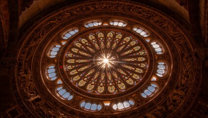 Obraz premium Glowing stained glass rose window filtering light on cathedral arch with carved relief sculptures