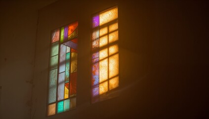 Projecting shadows onto chapel wall from stained-glass windows of geometric amber glass, copy space