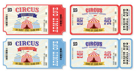 circus invitation ticket set. vintage festival template with tent, sunburst pattern. retro invite of carnival, winter show. vector illustration © yatsan lee