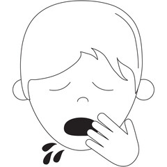 Illustration of a Person Yawning With Eyes Closed Covering Mouth With Hand Drops Spilling Out Transparent Background Outline Style