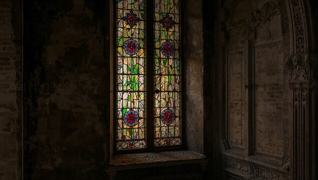 Showing two-panel stained glass window with red floral medallions inside chapel, with dusty sill