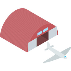 Illustration of a reddish industrial hangar with a white airplane parked outside on a transparent background captured in isometric perspective with bright lighting