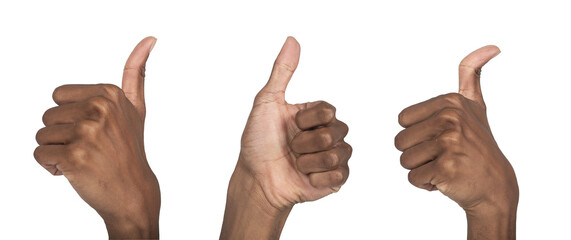 Hand showing thumbs up gesture, African American man expressing approval, success and positivity.