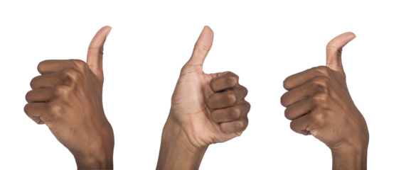 Hand showing thumbs up gesture, African American man expressing approval, success and positivity.