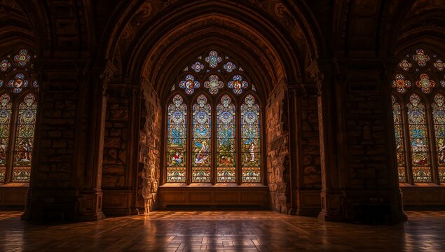 Streaming sunlight through five-panel stained-glass window lighting floor in chapel, with arches