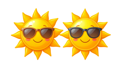 Two cute sun cartoon characters in different styles isolated on transparent background