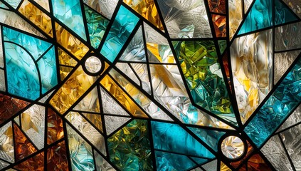 Stained glass panel refracting light in church with colored shards, lead caming and glass nodes