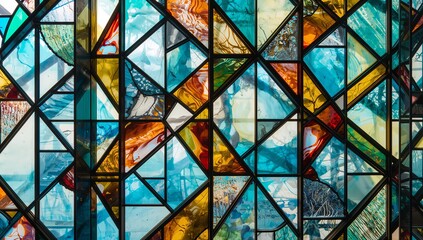 Displaying colorful stained glass panels with patterns on decorative wall with black lead framing