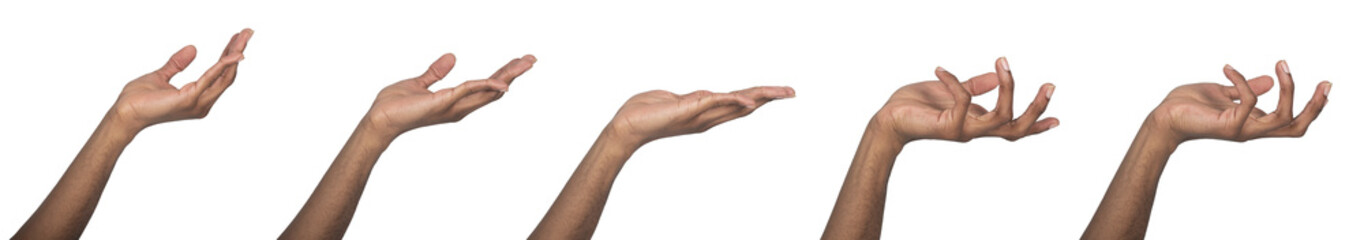 Open hand gesture, African American man holding palm up in a giving or offering pose. Symbol of care