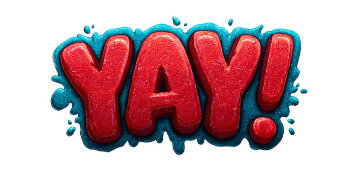 Cartoonish YAY Text with Red Glossy Letters and Blue Liquid Accents on Black Background Concept of Celebration, Joy, and Positive Emotion