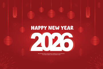 Happy new year 2026, red holiday design with hanging ornaments and modern typography
