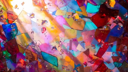 Shimmering multicolored translucent shards refracting light in studio macro rig, with droplets