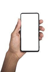 Vertical smartphone held in hand with blank display, representing communication, online modern
