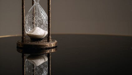 Showcasing ornate hourglass pouring white sand on glossy black table, bronze pillars, etched bulbs