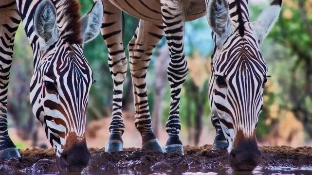 A beautiful closeup portrait of two wild zebras drinking together at a watering hole.
