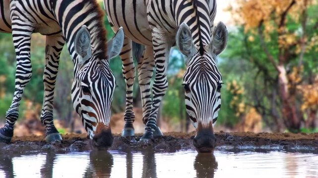 A medium shot of two wild zebras drinking together at a watering hole.