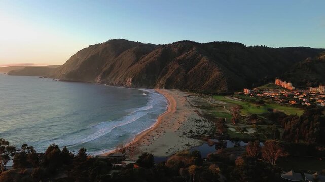 Coastal scenic Aerial view in quintay Chile , south American bay, mountains in sunset landscape