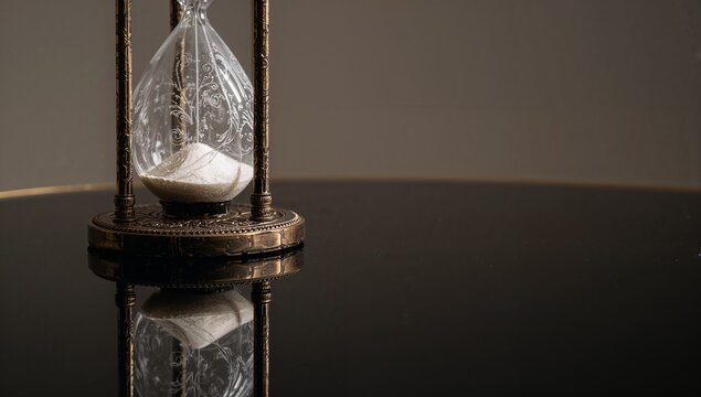 Showcasing ornate hourglass pouring white sand on glossy black table, bronze pillars, etched bulbs - Powered by Adobe