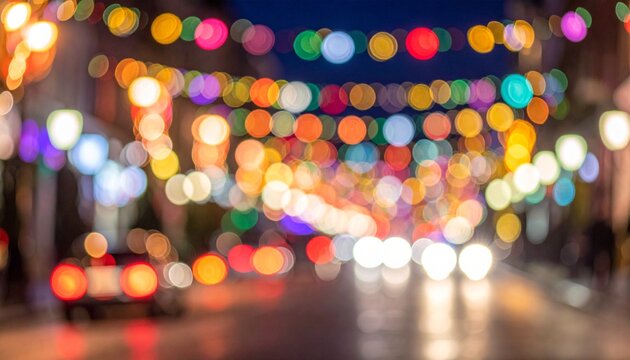 Abstract background of colorful bokeh lights from street decorations and moving cars at night - Powered by Adobe