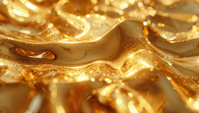 Displaying fluid golden surface rippling in controlled studio, with sparkling gold flecks - Powered by Adobe