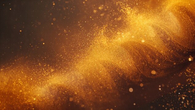 Swirling golden particles forming wave in abstract space, with fine dust like and glitter specks