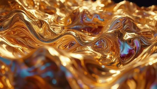 Displaying reflective gold surface forming fluid waves in studio, reflecting blue and purple glints