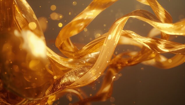 Swirling golden ribbons twisting in abstract digital space, with glowing light particles