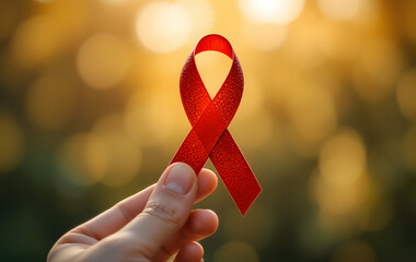 A close-up photo of a person holding a red awareness ribbon symbolizing support for HIV/AIDS awareness and prevention