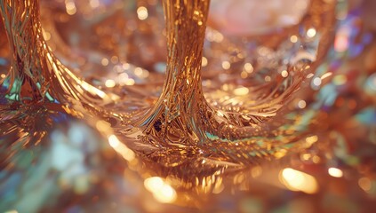 Shimmering flowing metallic columns over glossy base in studio macro light, with bokeh reflections