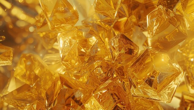 Glowing cluster of reflective golden crystals shimmering in digital space, with floating particles