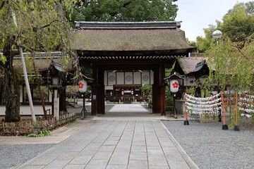 A Japanese shrine : a distant view of Hai-den Hall of worship or prayer in the precincts of Hirano-jinjya Shrine in Kyoto City