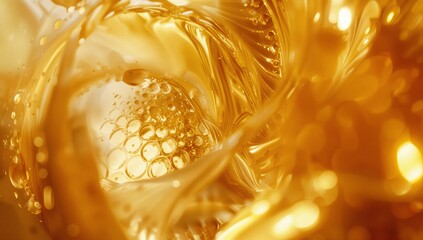 Swirling molten fluid ribbons folding in rendered golden space, with bubble-like droplets