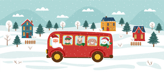 Eco-friendly Christmas banner with Santa Claus driving a bus with characters. Winter landscape Illustration. Vector flat template. © Julia Anisimova