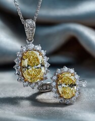 Yellow stone pendant & ring set on soft silver fabric backdrop