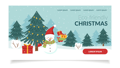 Eco-friendly Christmas banner with snowman and gifts. Winter landscape Illustration. Vector flat template.