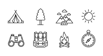 Adventure camping gear essentials for a mountain hike tent, tree, sun, binoculars, backpack, fire, compass  perfect for outdoor enthusiasts.