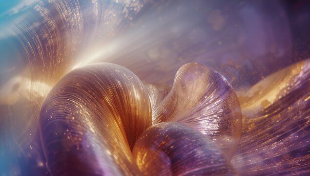 Gliding layered metallic ribbon structure twisting in digital space with luminescent particles