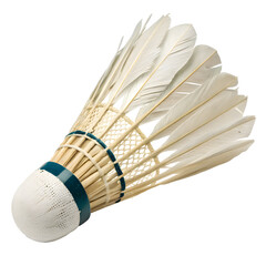 Feather badminton shuttlecock isolated on white background. Professional sports equipment close-up, traditional birdie used in badminton game, clean minimal studio concept.