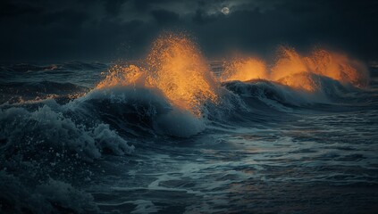 Fototapeta premium Crashing glowing wave crest in ocean at night under cloudy sky, with full moon and splashes