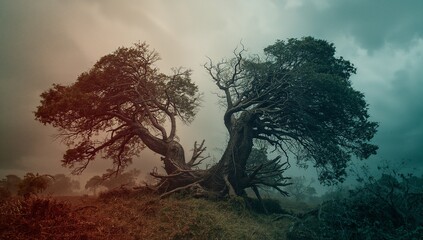 Twisting gnarled trees dominating foggy heath landscape, with grassy mound and scrub