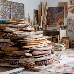 Artistic workspace with piled boards and abstract paintings