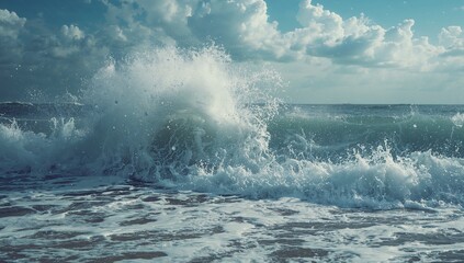 Naklejka premium Cresting ocean wave crashing onto sandy shore, with sea foam, horizon line and cumulus clouds