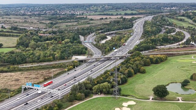 M25 M11 motorway junction UK Essex drone,aerial