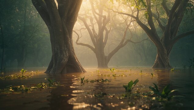 Emerging tree trunk in flooded forest with reflective water, floating plants, sunbeams, mist - Powered by Adobe