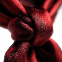 Red, silky fabric knotted tightly against a white background