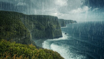 Showing steep green cliffs plunging into churning ocean waves at grassy cliff top, under heavy rain