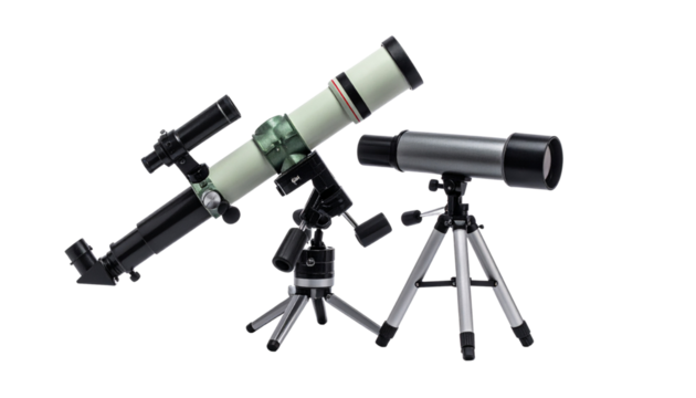  Pair of modern and classic telescopes isolated on transparent background