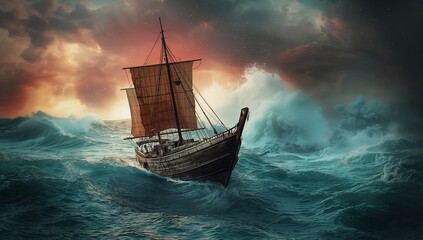 Fototapeta premium Navigating sailing ship tilting through rough ocean waves, with reddish-brown sails, storm clouds